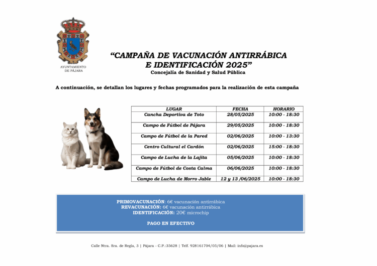 Pájara lancia la sua campagna annuale di vaccinazione antirabbica e di identificazione degli animali domestici