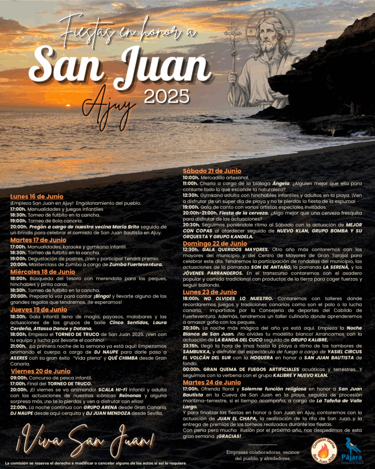 Il Municipio di Pájara presenta il programma dei festeggiamenti in onore di San Giovanni 2025 ad Ajuy