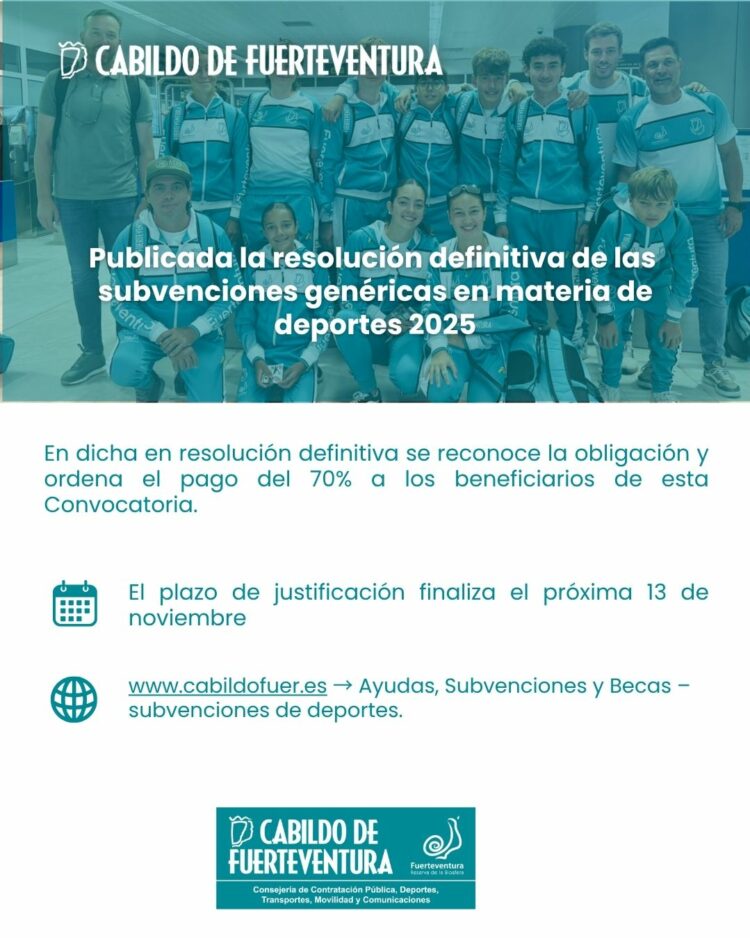 El Cabildo publica la resolución definitiva de las subvenciones genéricas en materia de deportes