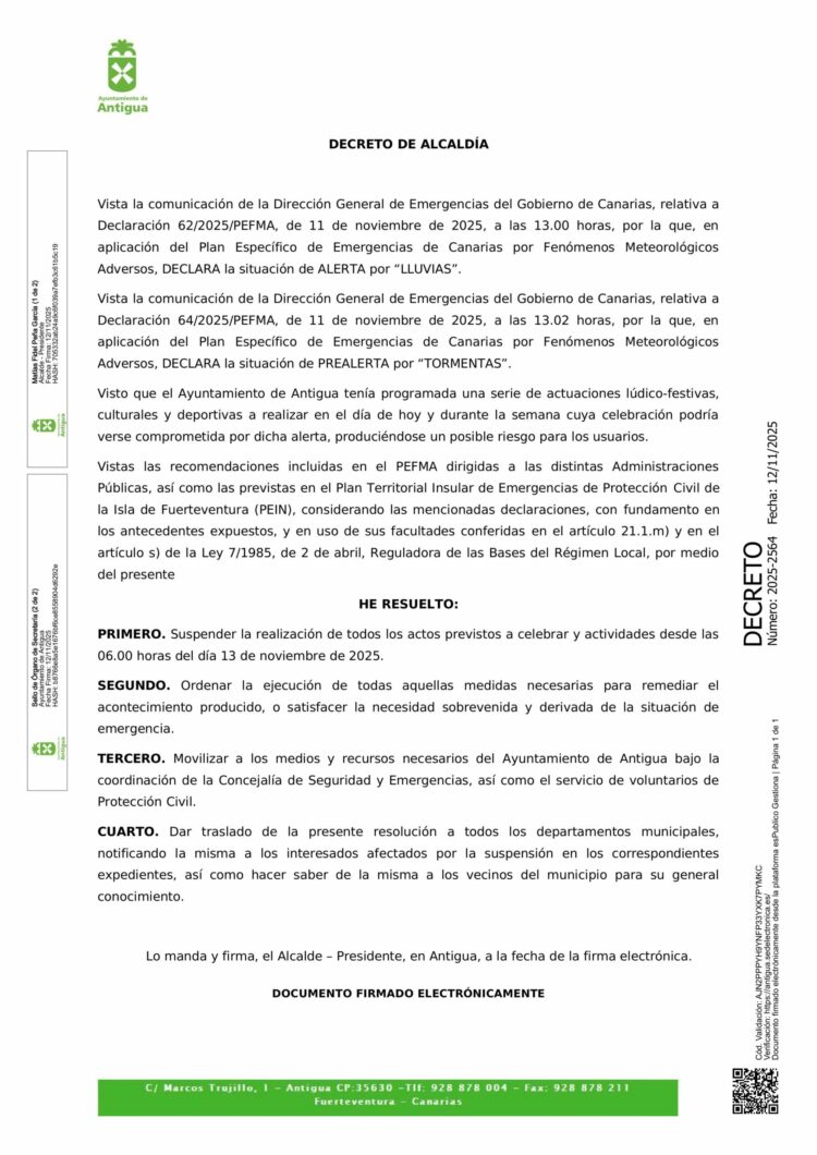 Suspendidas todas las actividades municipales previstas para este jueves en el Municipio de Antigua