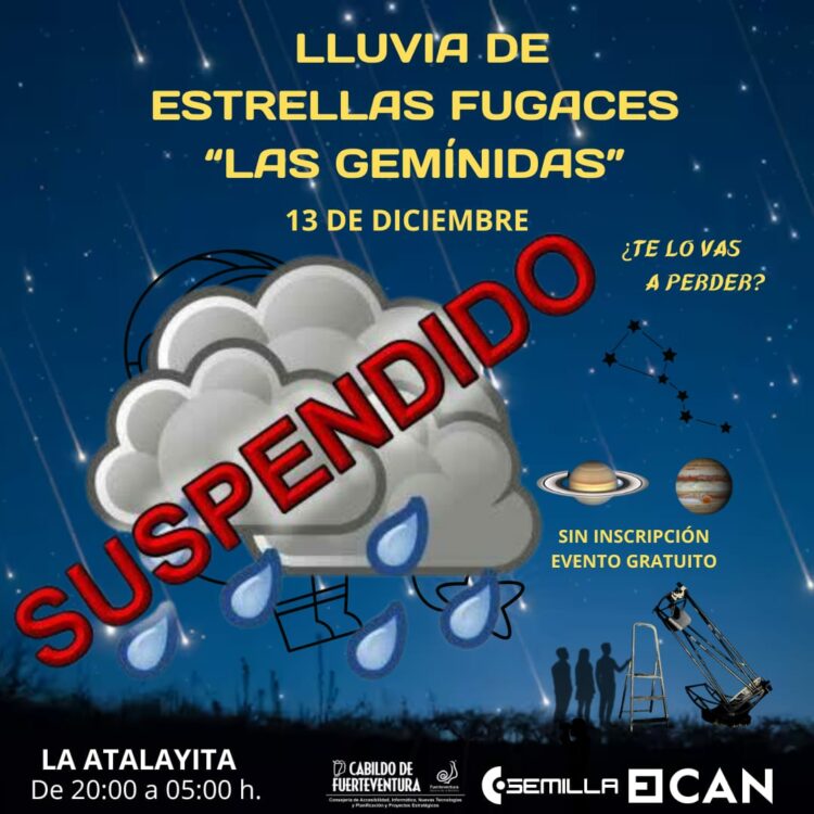 Suspendida la actividad ‘Lluvia de estrellas fugaces Las Gemínidas’ por prealerta meteorológica