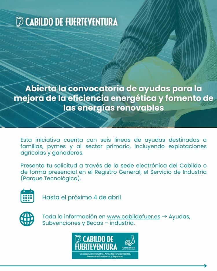 El Cabildo abre la convocatoria de ayudas para la mejora de la eficiencia energética y fomento de las renovables