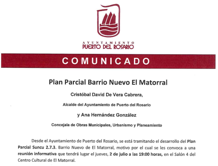 Comunicado Plan Parcial Barrio Nuevo El Matorral