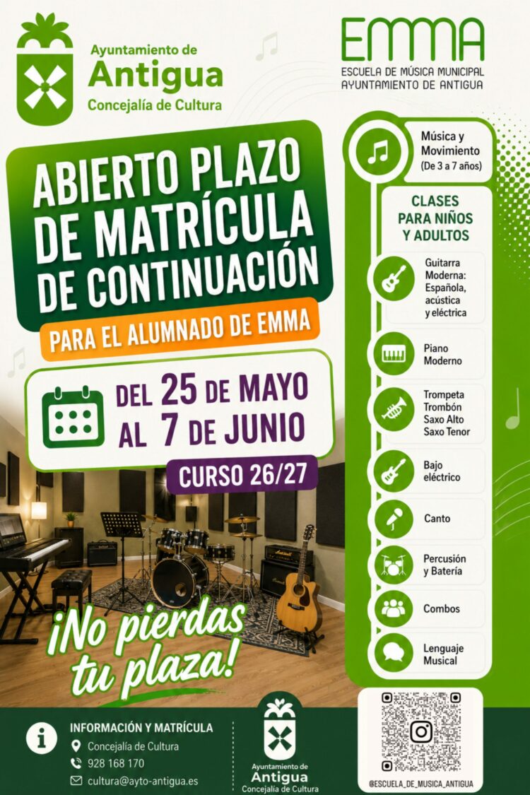 El Ayuntamiento de Antigua recuerda la renovación de la matrícula para el próximo curso en la Escuela de Música Municipal