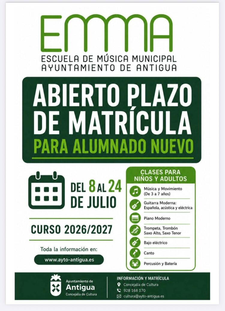 El Ayuntamiento de Antigua abre la matrícula de Escuela Municipal de Música para el alumnado nuevo del curso 2026/27