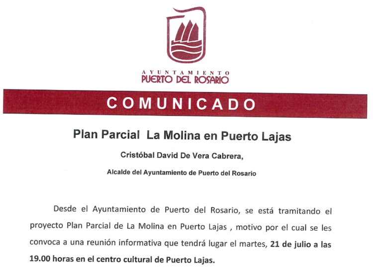 COMUNICADO PLAN PARCIAL LA MOLINA EN PUERTO LAJAS 21/07/2026 – 19 HORAS