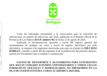 El Ayuntamiento de Antigua abre el plazo para aportar documentación para las subvenciones educativas 2026