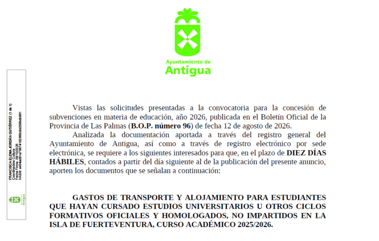 El Ayuntamiento de Antigua abre el plazo para aportar documentación para las subvenciones educativas 2026